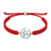 Deep red rope bracelet with polished silver soccer ball charm and sliding knot.