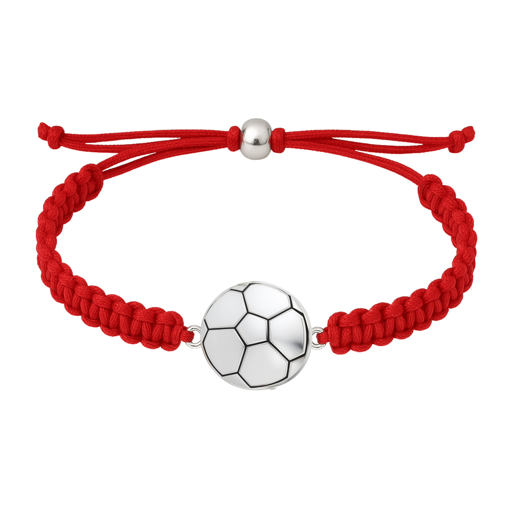 Deep red rope bracelet with polished silver soccer ball charm and sliding knot.