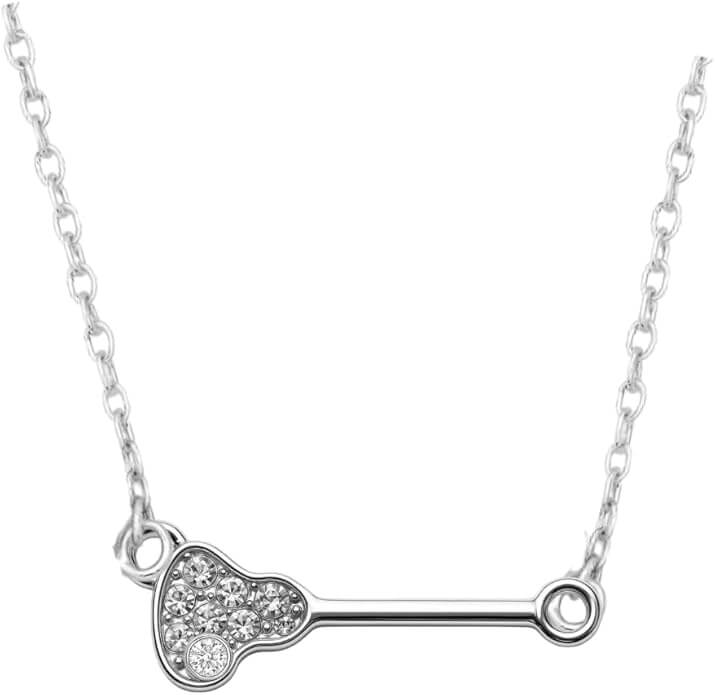 Lacrosse stick charm necklace in silver with sparkling crystals for girls and women