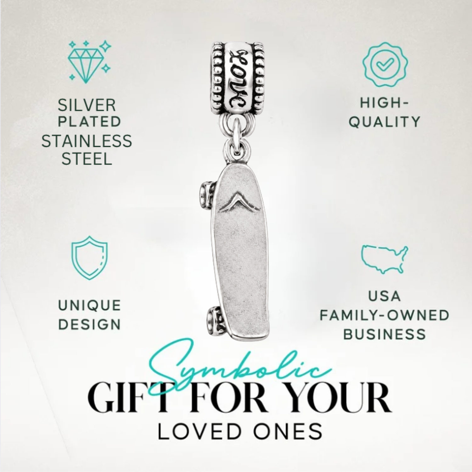 Skateboard Silver Charm Bead