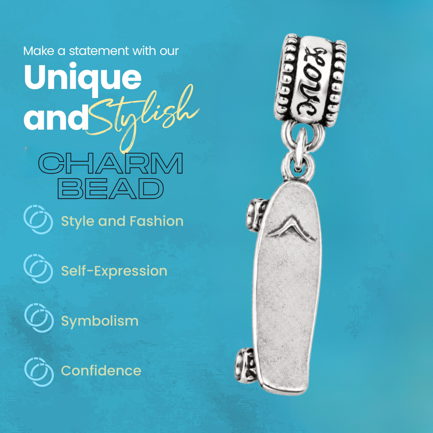 Skateboard Silver Charm Bead