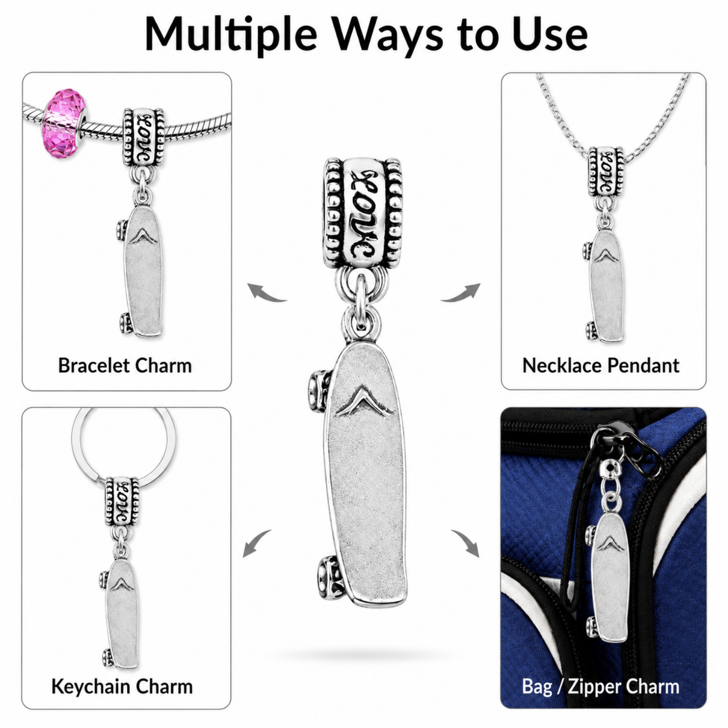 Skateboard Silver Charm Bead
