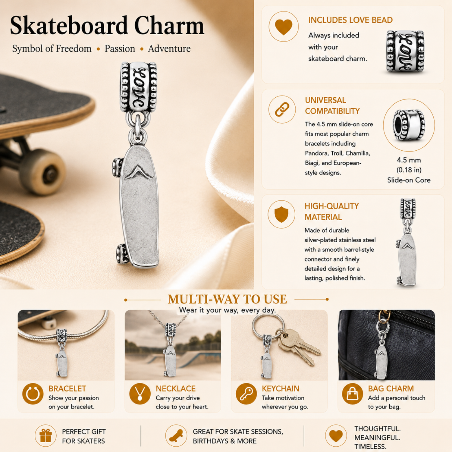 Skateboard Silver Charm Bead