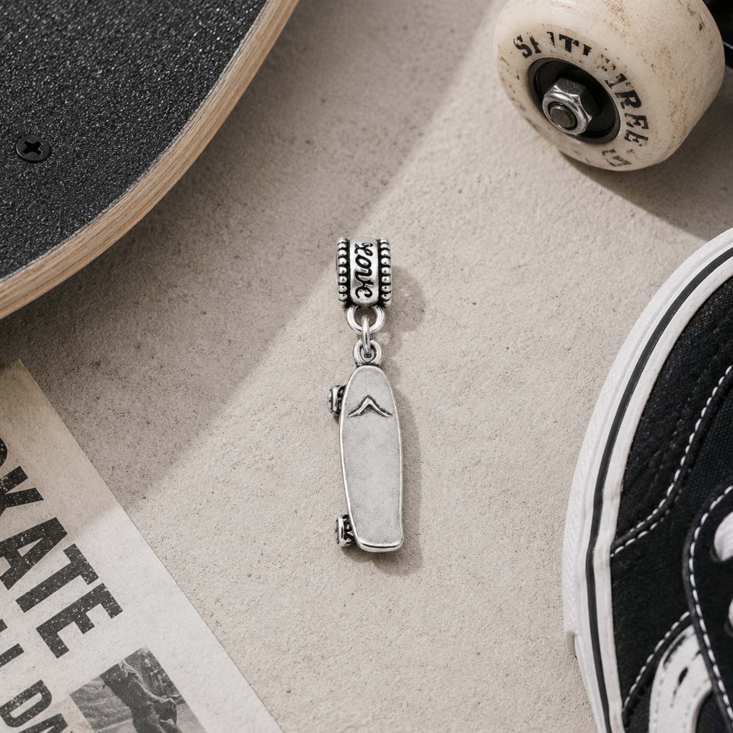 Skateboard Silver Charm Bead