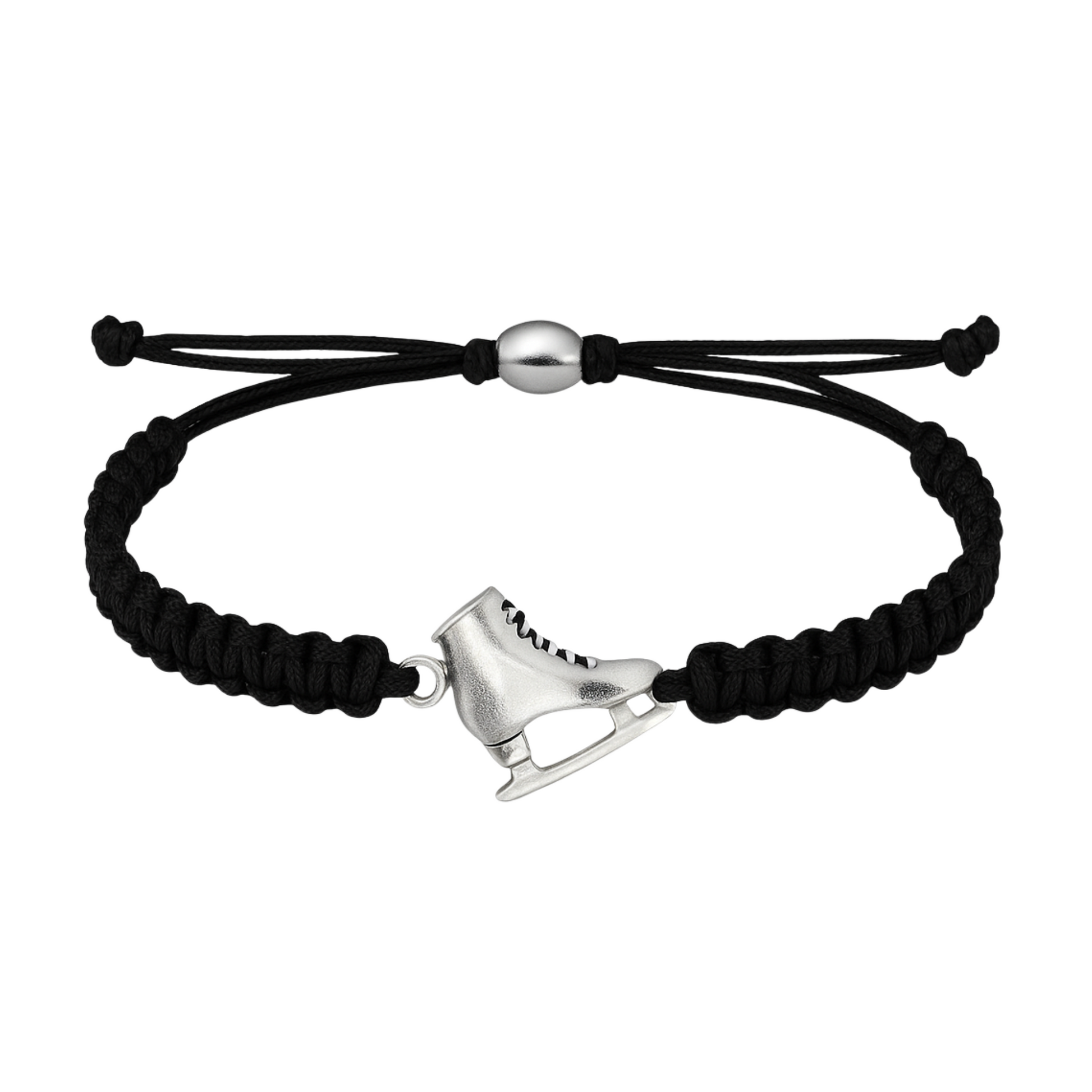 Black braided cord bracelet with silver ice skate charm and adjustable closure
