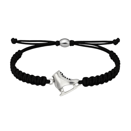 Black braided cord bracelet with silver ice skate charm and adjustable closure