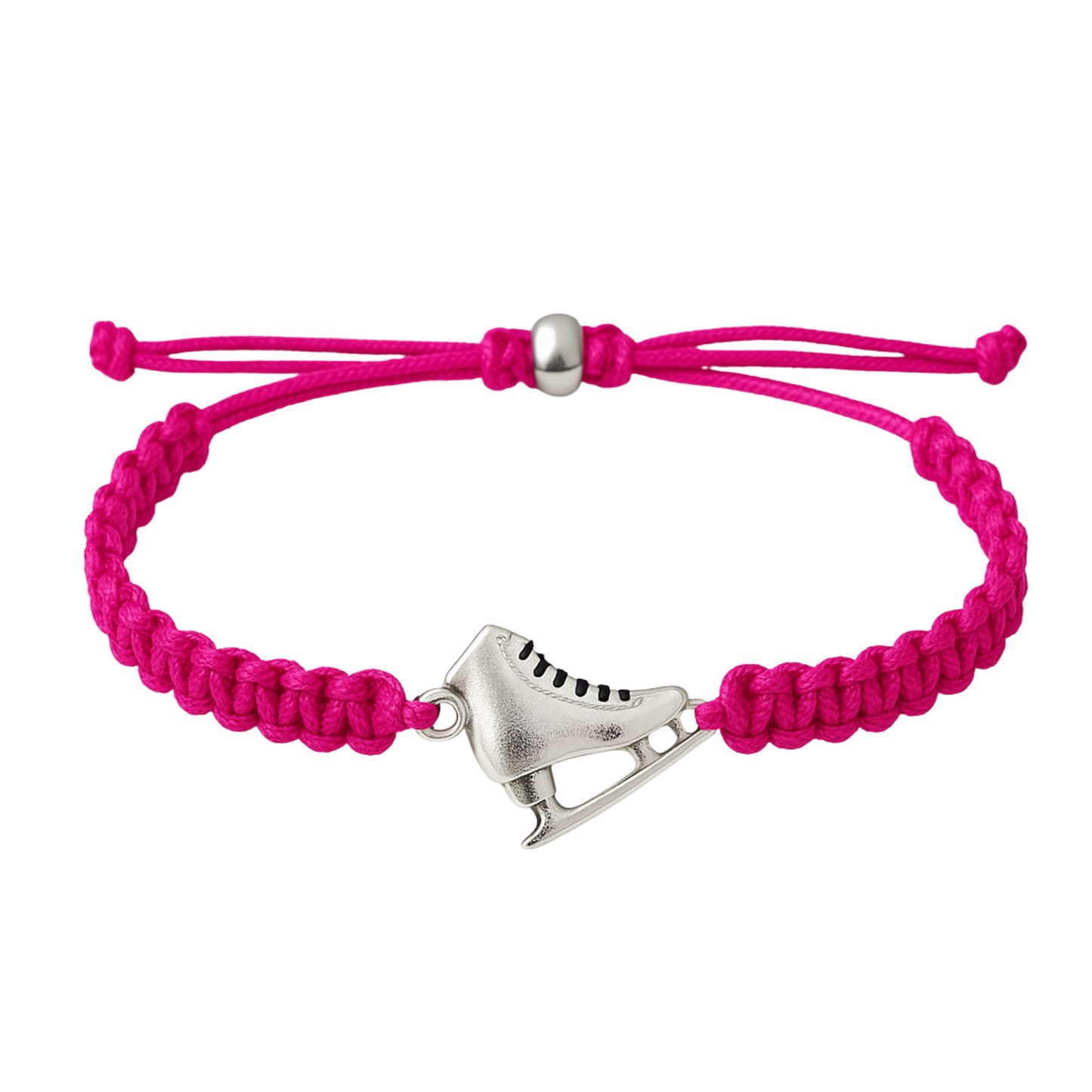 Hot pink braided skating bracelet with silver skate charm and adjustable fit