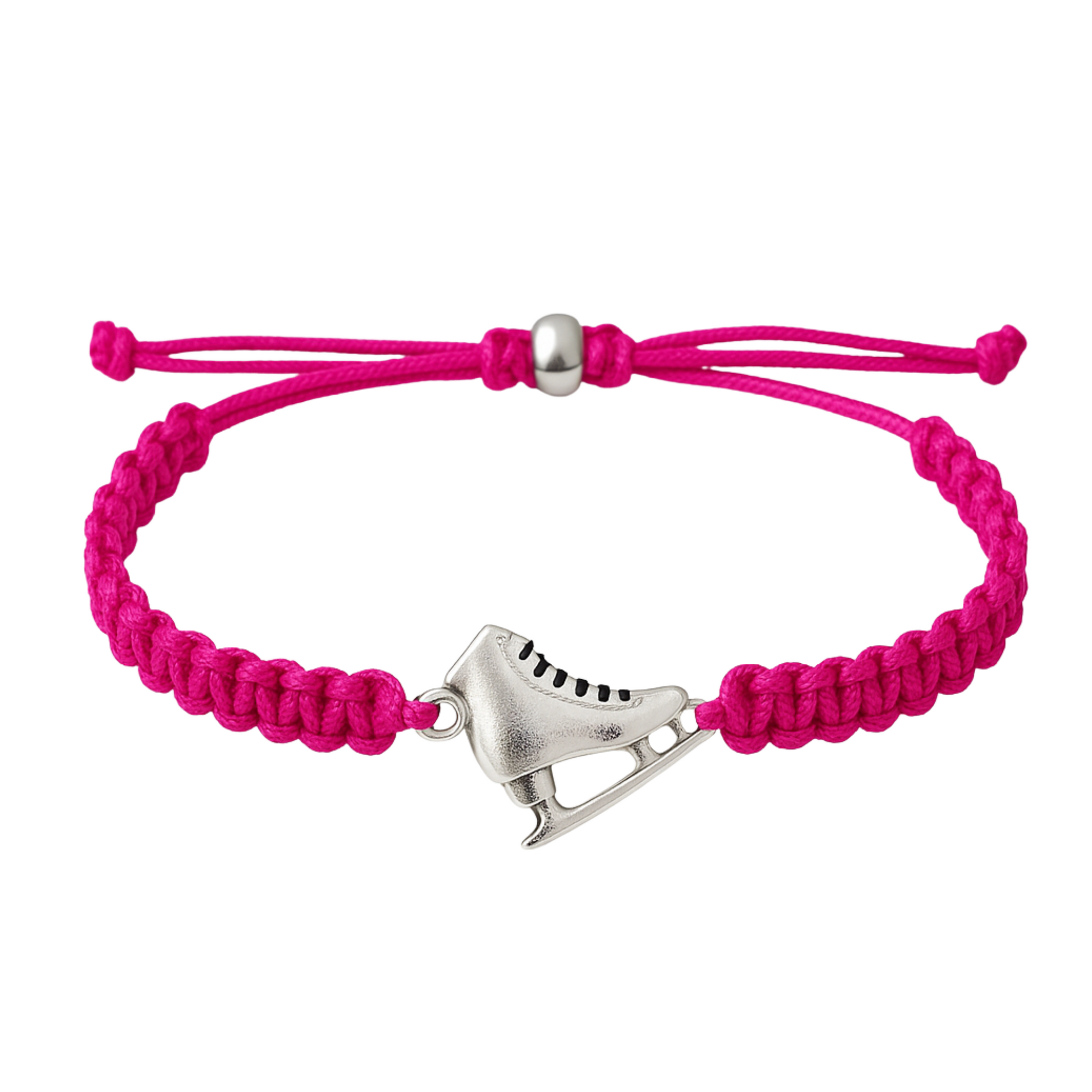 Hot pink braided skating bracelet with silver skate charm and adjustable fit