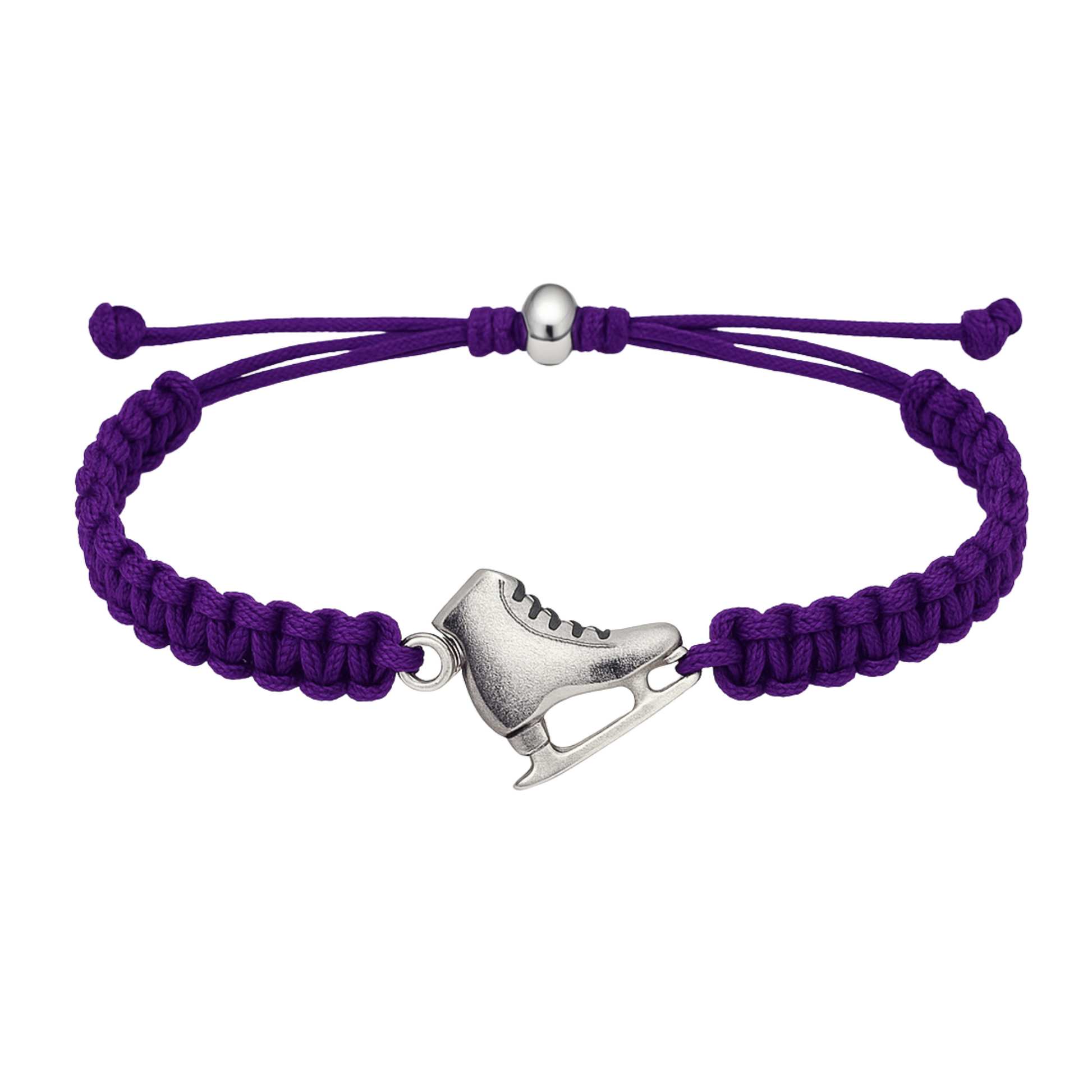 Purple braided cord bracelet with detailed skate charm, perfect for athletes