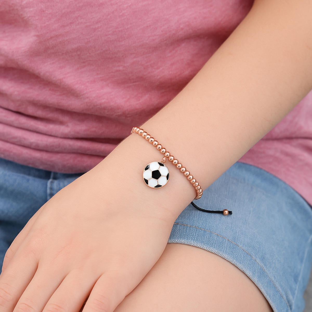 Soccer Rose Gold Beaded Hanging Charm Bracelet