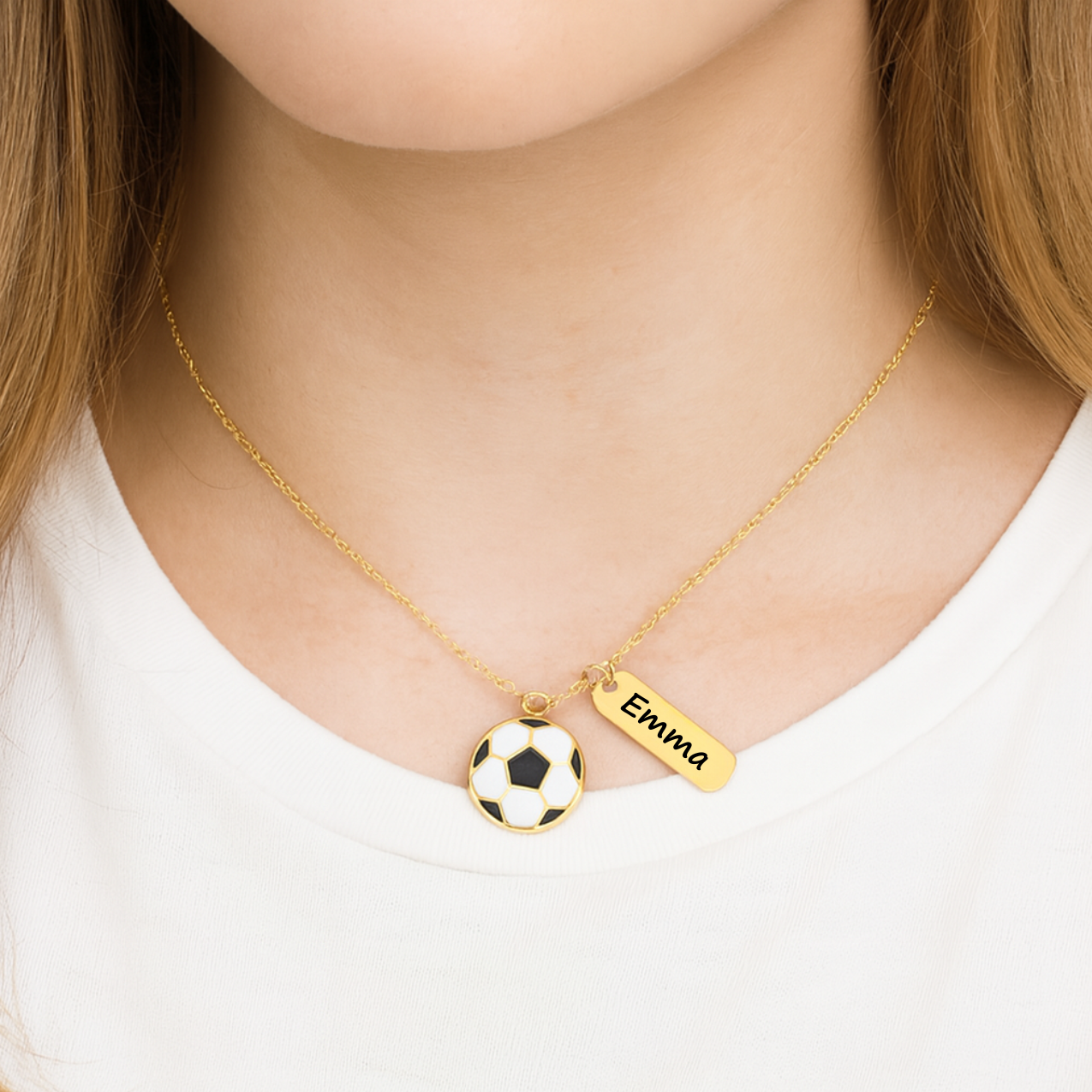 Gold Soccer Engraved Tag Charm Necklace