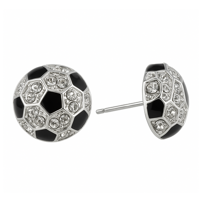 Soccer ball stud earrings with black enamel and clear rhinestone accents, perfect gift for soccer players and fans