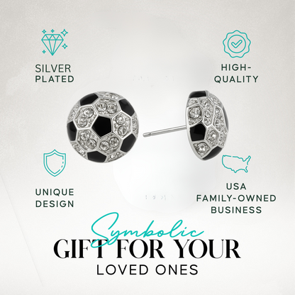 Crystal-studded soccer earrings with silver-tone finish and sparkling bling, ideal for sporty girls and team gifts