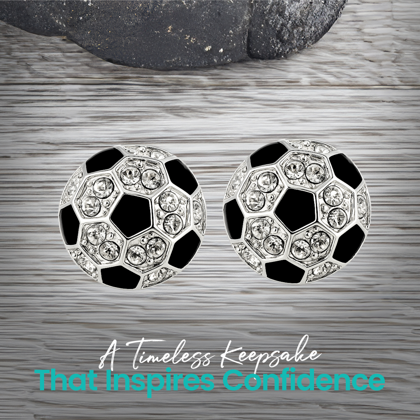 Round soccer-inspired earrings featuring black and clear crystal design, stylish accessory for soccer lovers