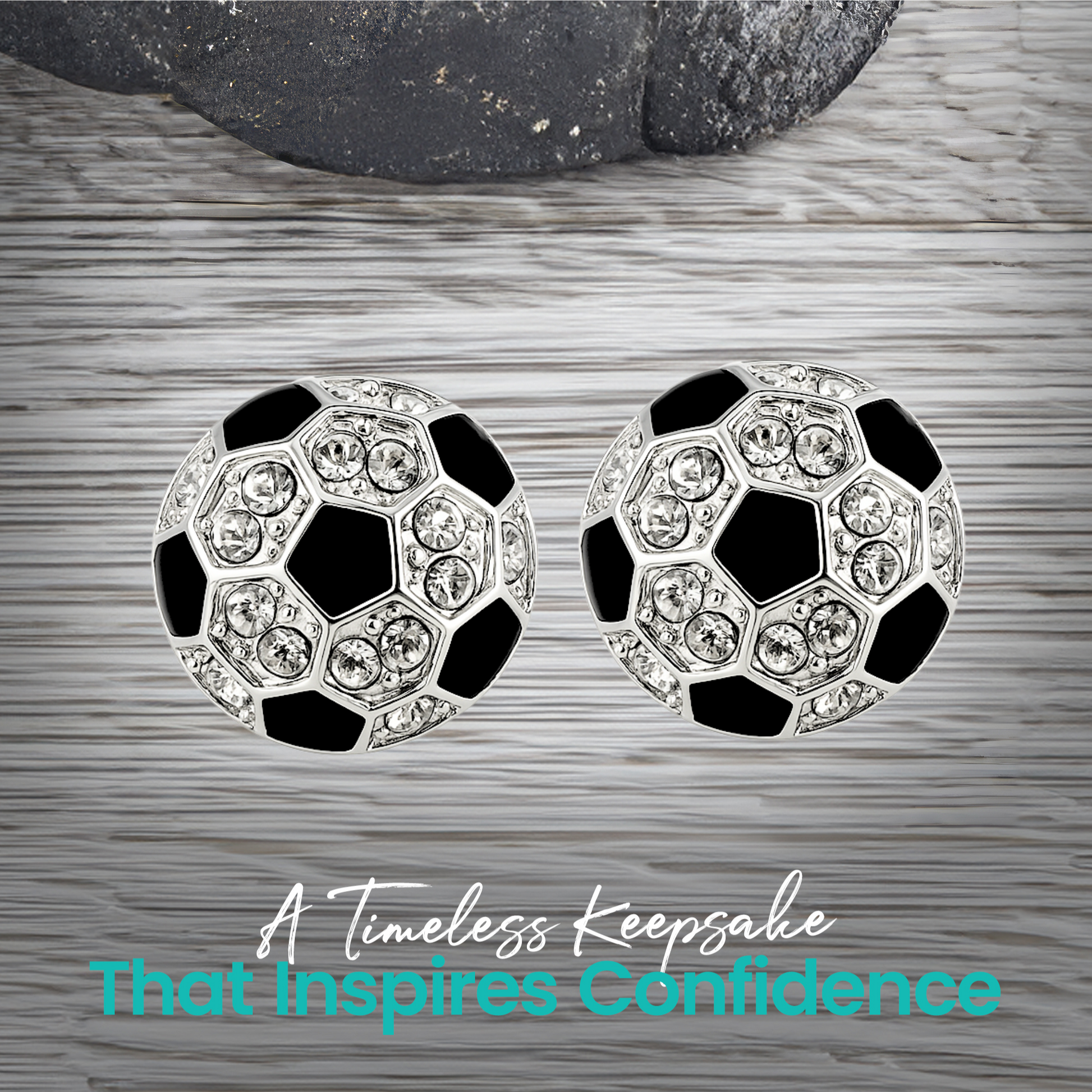 Round soccer-inspired earrings featuring black and clear crystal design, stylish accessory for soccer lovers