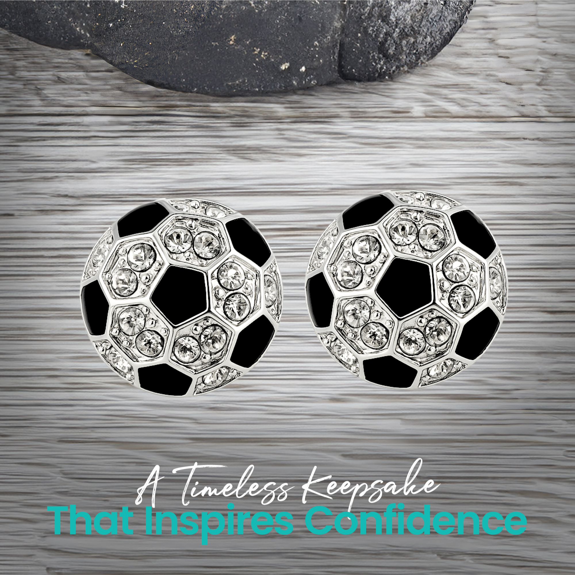 Round soccer-inspired earrings featuring black and clear crystal design, stylish accessory for soccer lovers