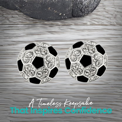 Round soccer-inspired earrings featuring black and clear crystal design, stylish accessory for soccer lovers