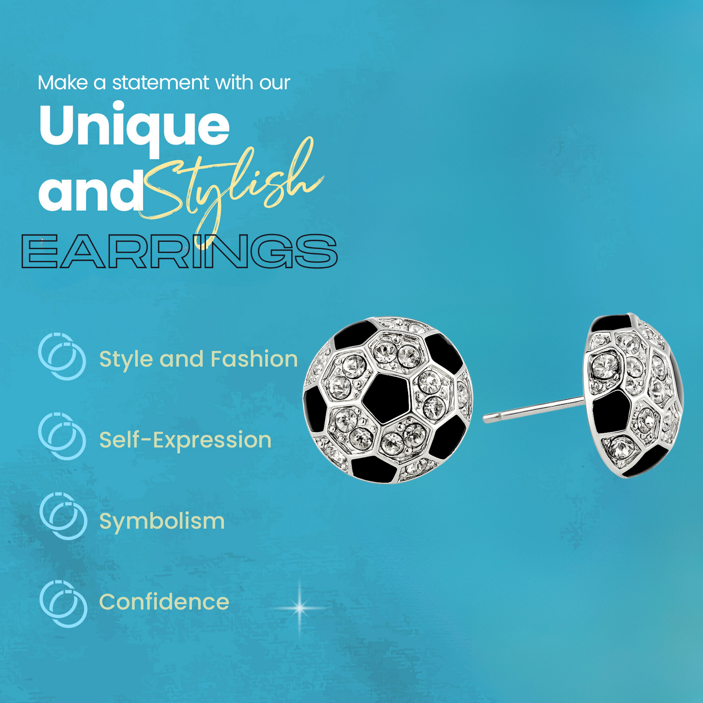 Bling soccer stud earrings with faceted clear crystals and enamel detail, fashionable jewelry for athletes