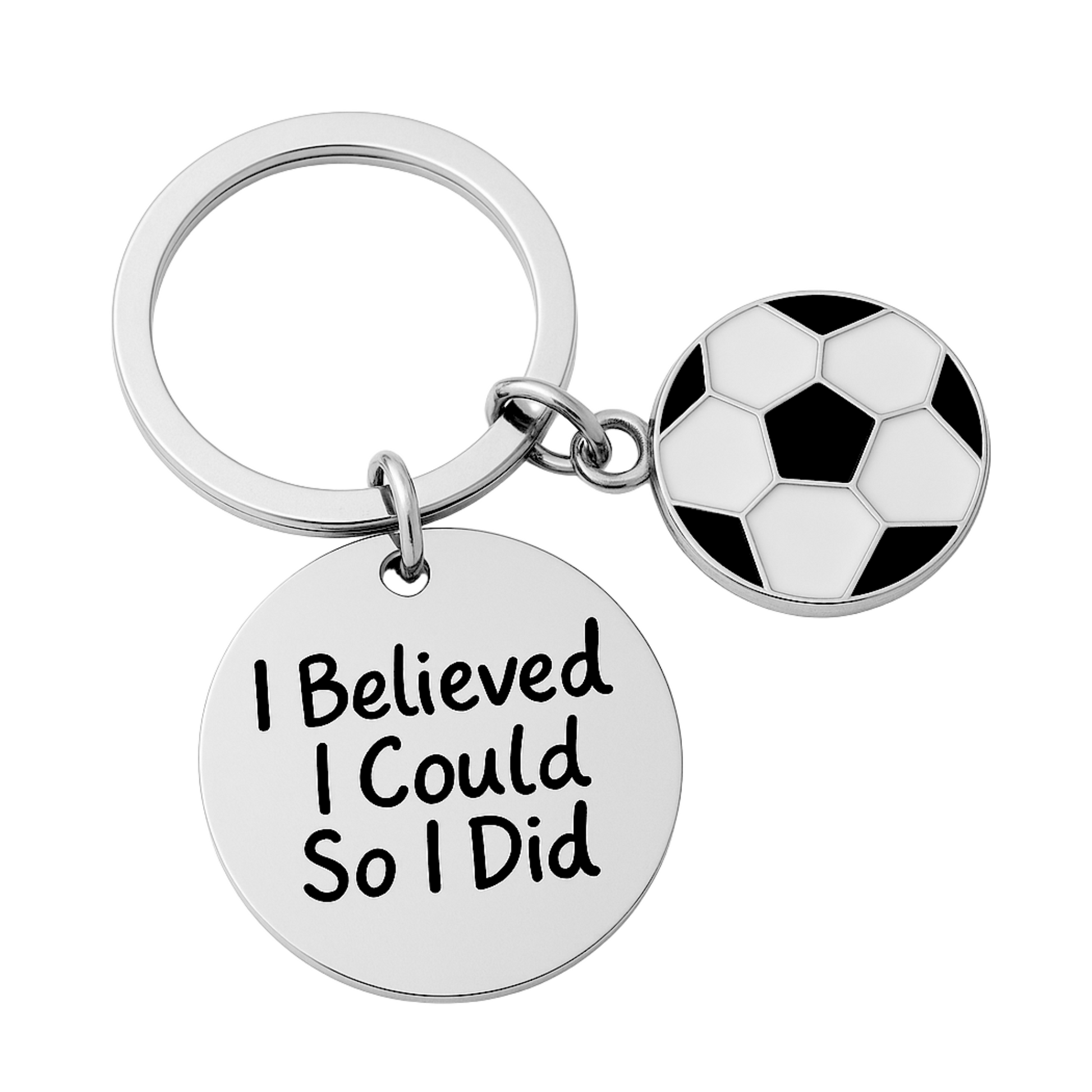Motivational soccer keychain with “I Believed I Could So I Did” charm and silver soccer ball