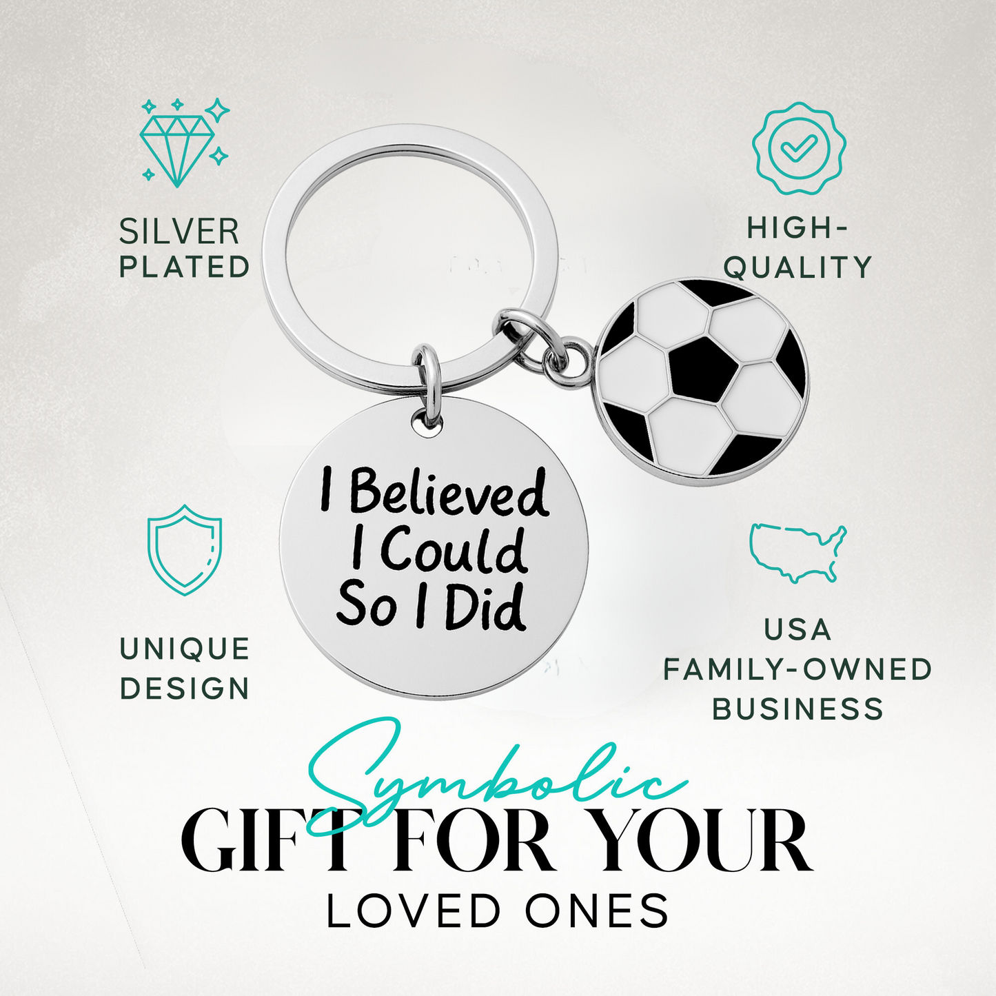 Product packaging image with soccer keychain and icons for hypoallergenic and durable materials