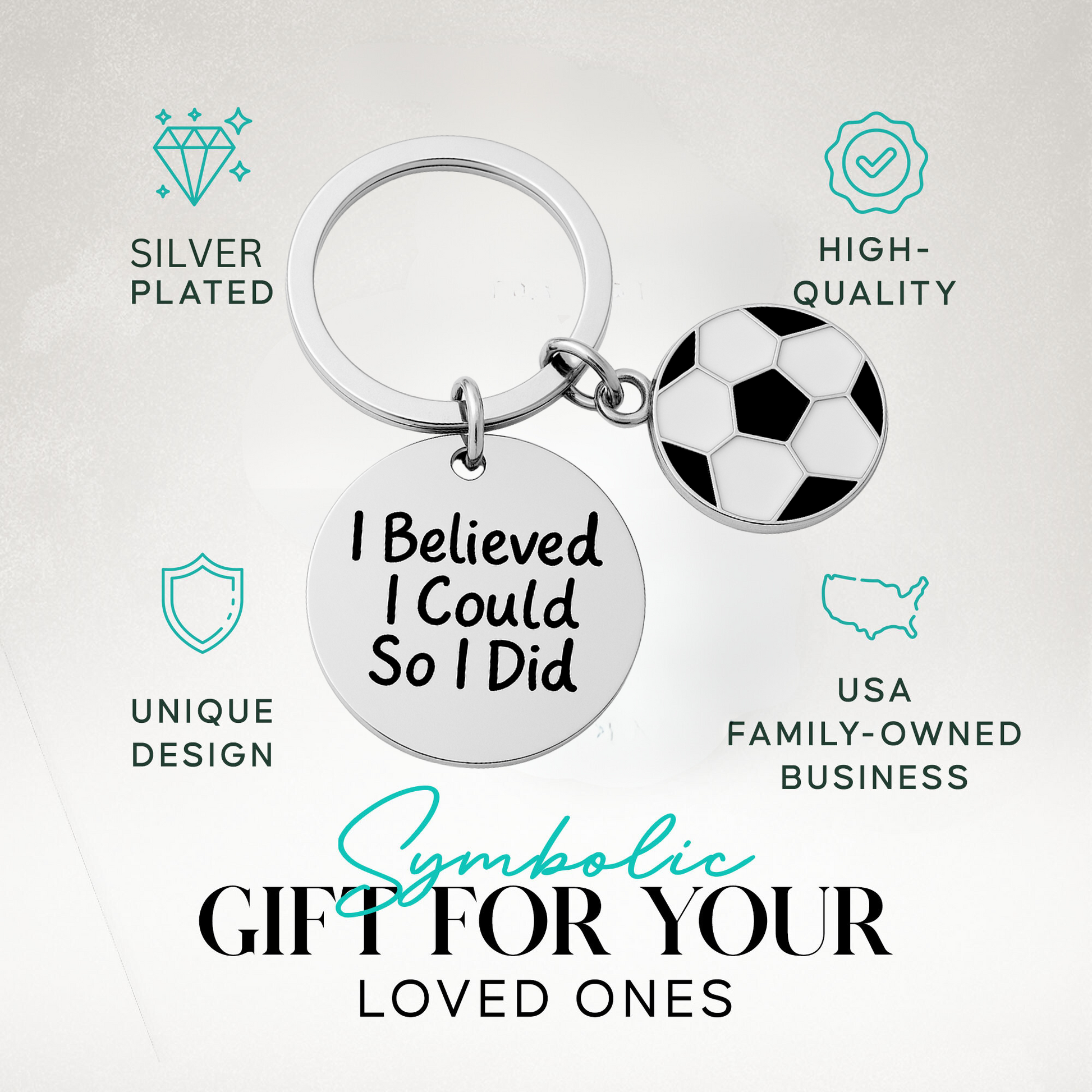 Product packaging image with soccer keychain and icons for hypoallergenic and durable materials