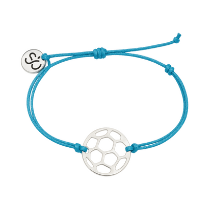 Adjustable waterproof blue cord bracelet with stainless steel soccer ball charm