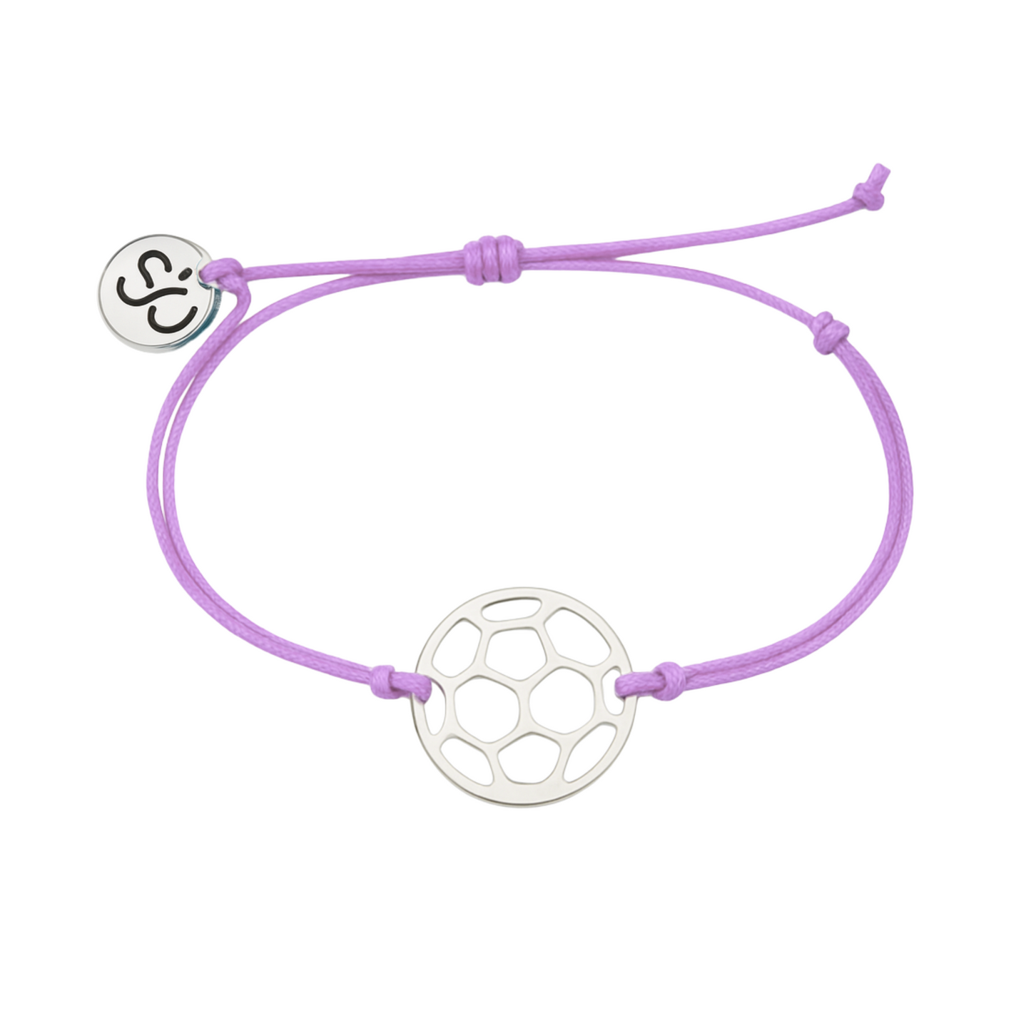 Adjustable purple rope bracelet featuring a stainless steel soccer ball charm