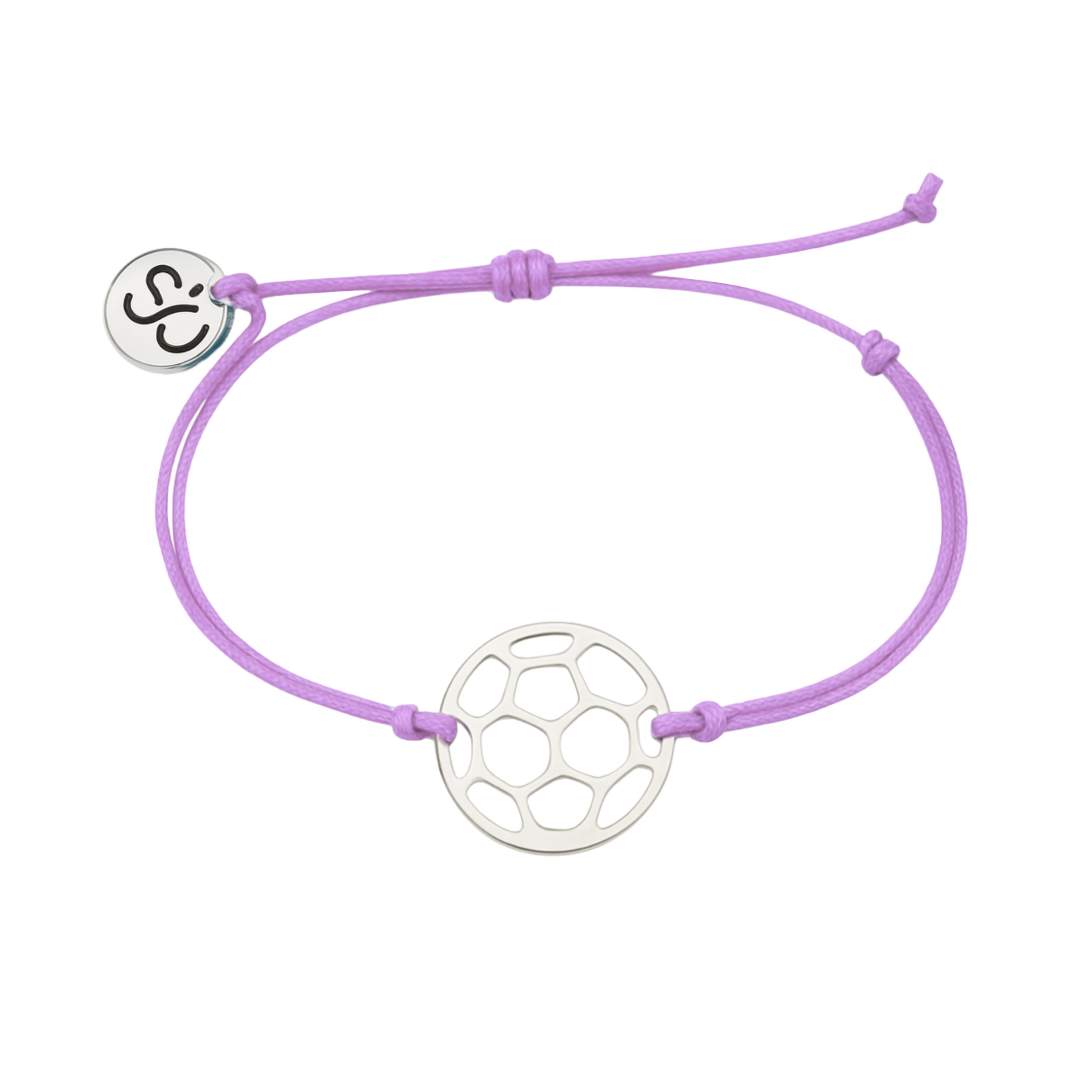 Adjustable purple rope bracelet featuring a stainless steel soccer ball charm
