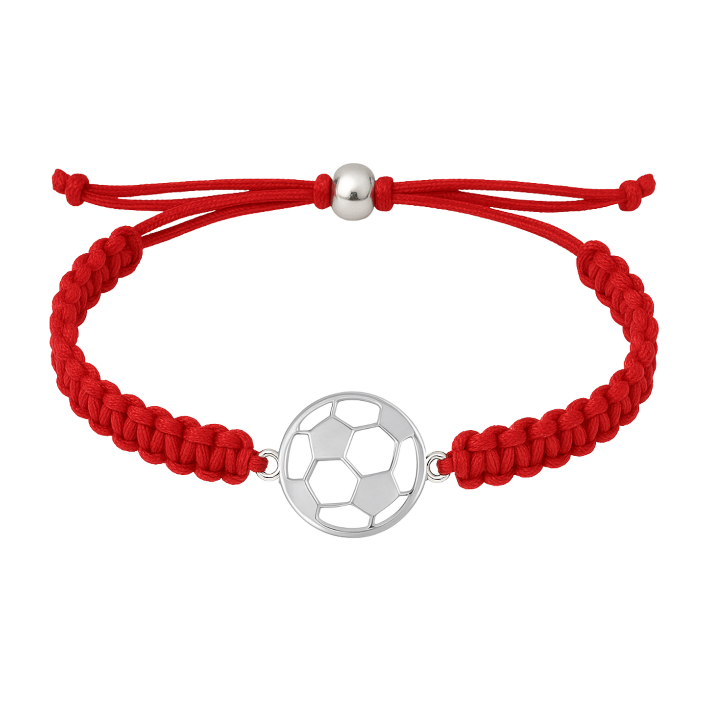 Red braided soccer bracelet with stainless steel soccer ball charm and adjustable slip knot closure, unisex sports gift