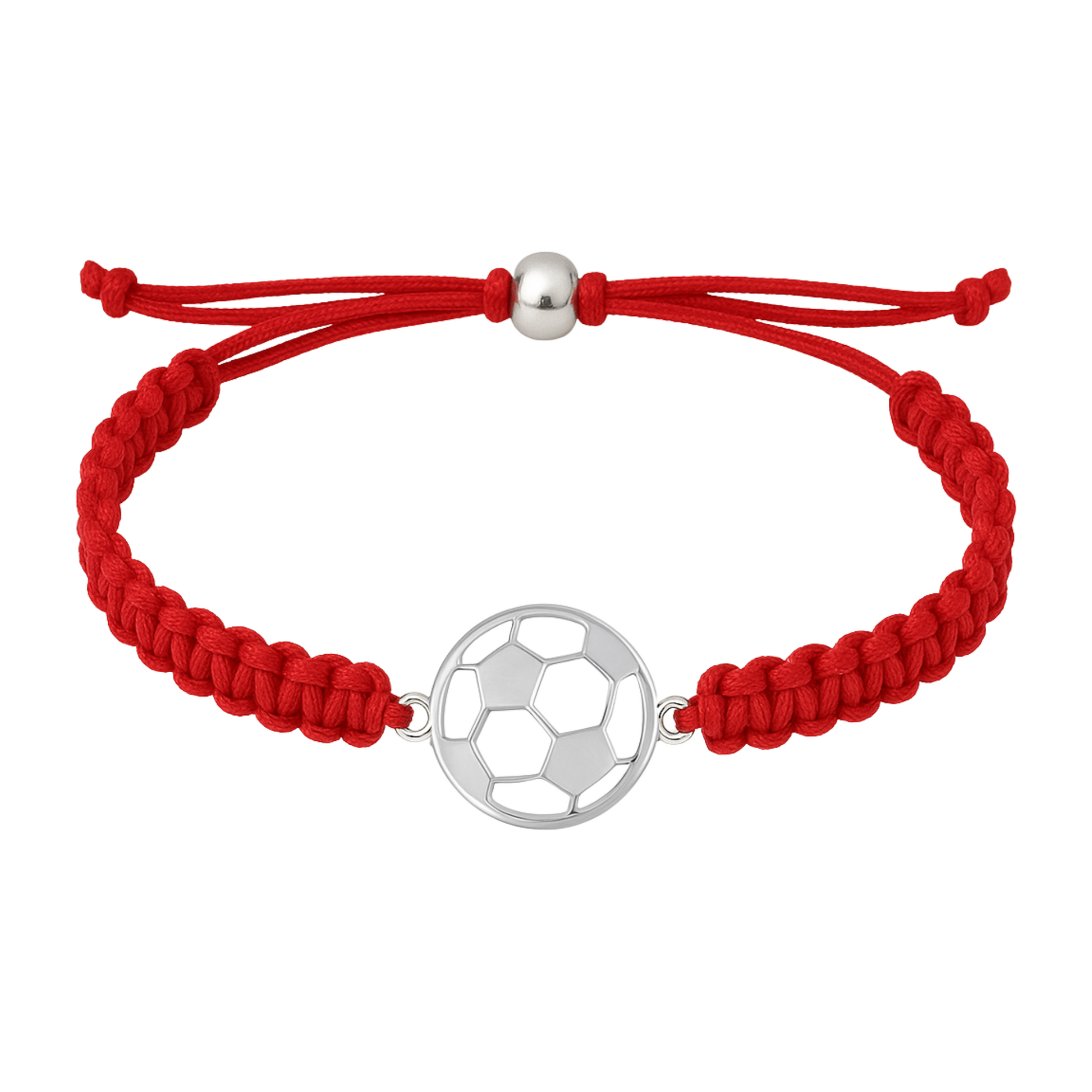 Red braided soccer bracelet with stainless steel soccer ball charm and adjustable slip knot closure, unisex sports gift