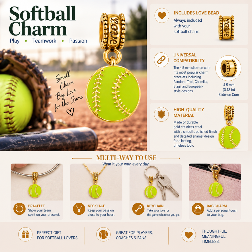 Softball Charm Bead - Gold