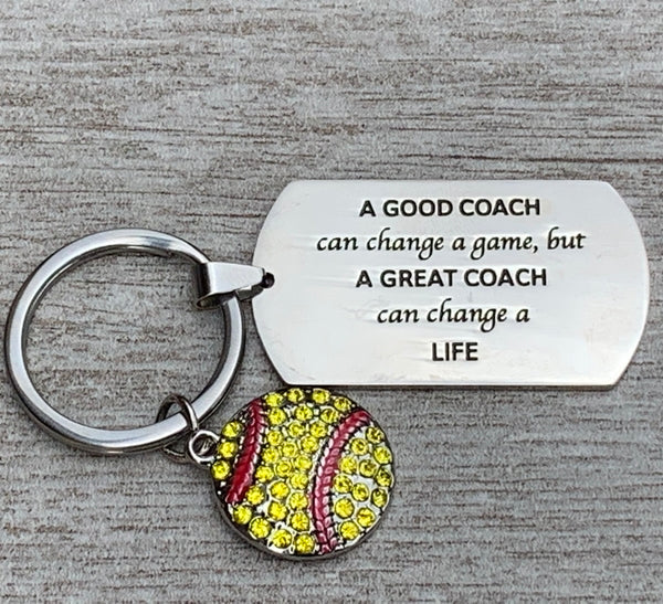 Softball Coach Keychain- A Good Coach Can Change a Game, But a Great Coach Can Change a Life