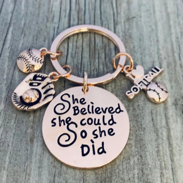 Softball Keychain - Rose Gold She Believed She Could So She Did