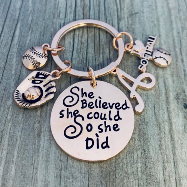 Softball Keychain - Rose Gold She Believed She Could So She Did