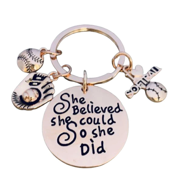 Softball Keychain - Rose Gold She Believed She Could So She Did
