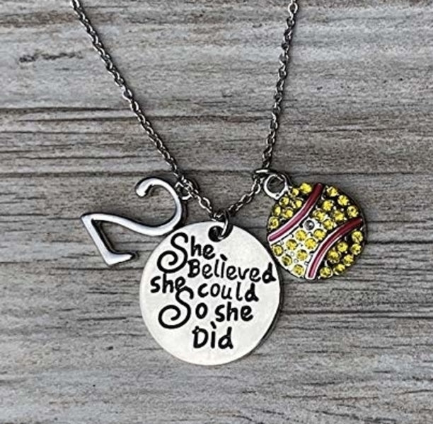 Softball She Believed She Could So She Did Necklace with Number Charm