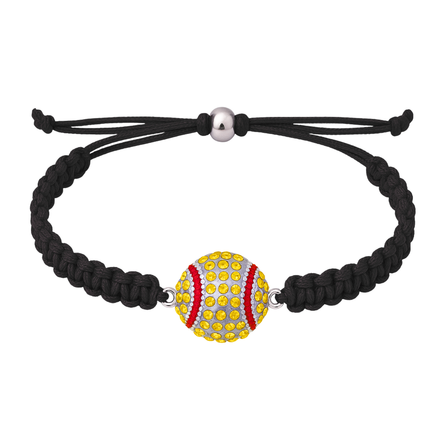 Black braided softball bracelet featuring sparkling yellow rhinestone centerpiece