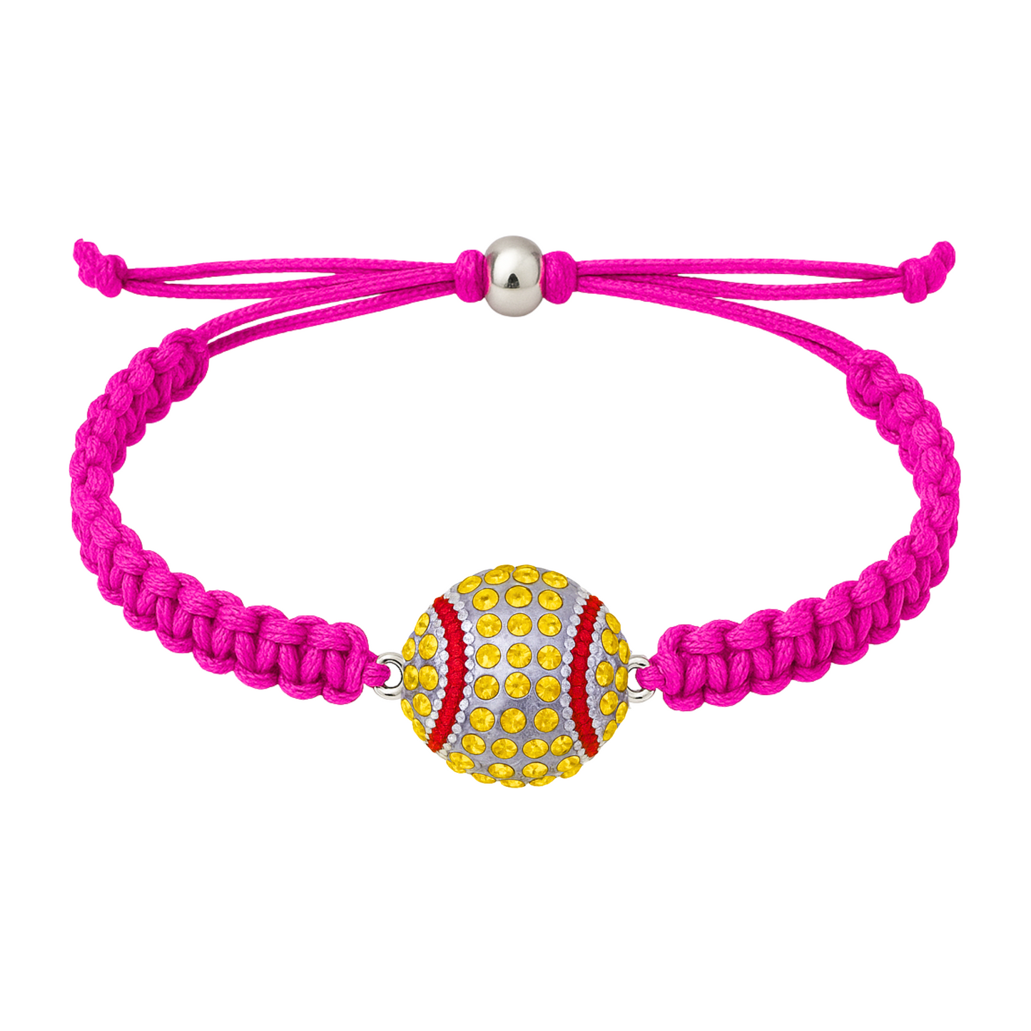 Bright pink softball charm bracelet with braided cord and sparkling rhinestone ball
