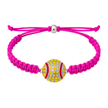 Bright pink softball charm bracelet with braided cord and sparkling rhinestone ball