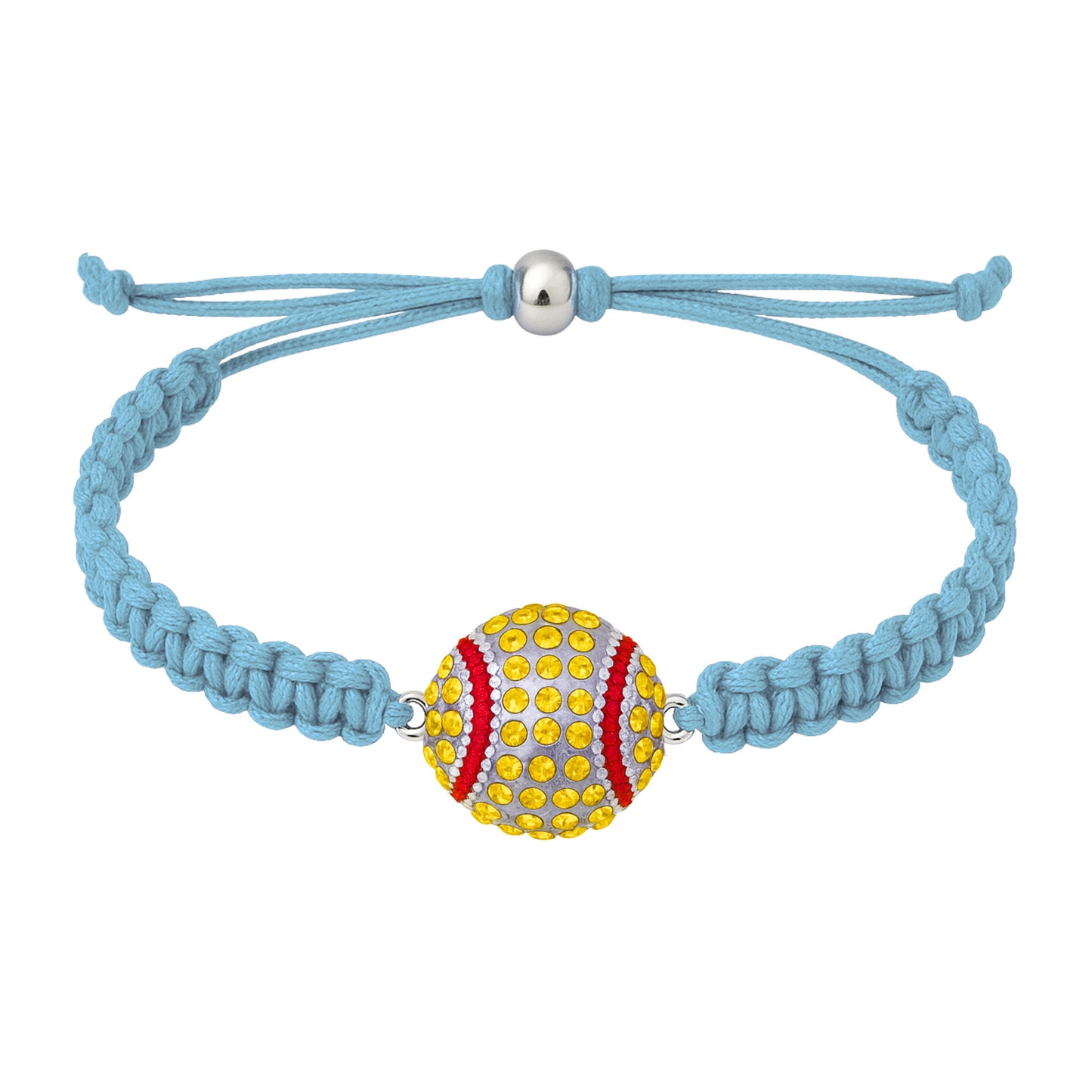 Light blue braided rope bracelet with yellow rhinestone softball charm and adjustable closure