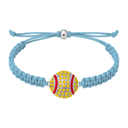 Light blue braided rope bracelet with yellow rhinestone softball charm and adjustable closure