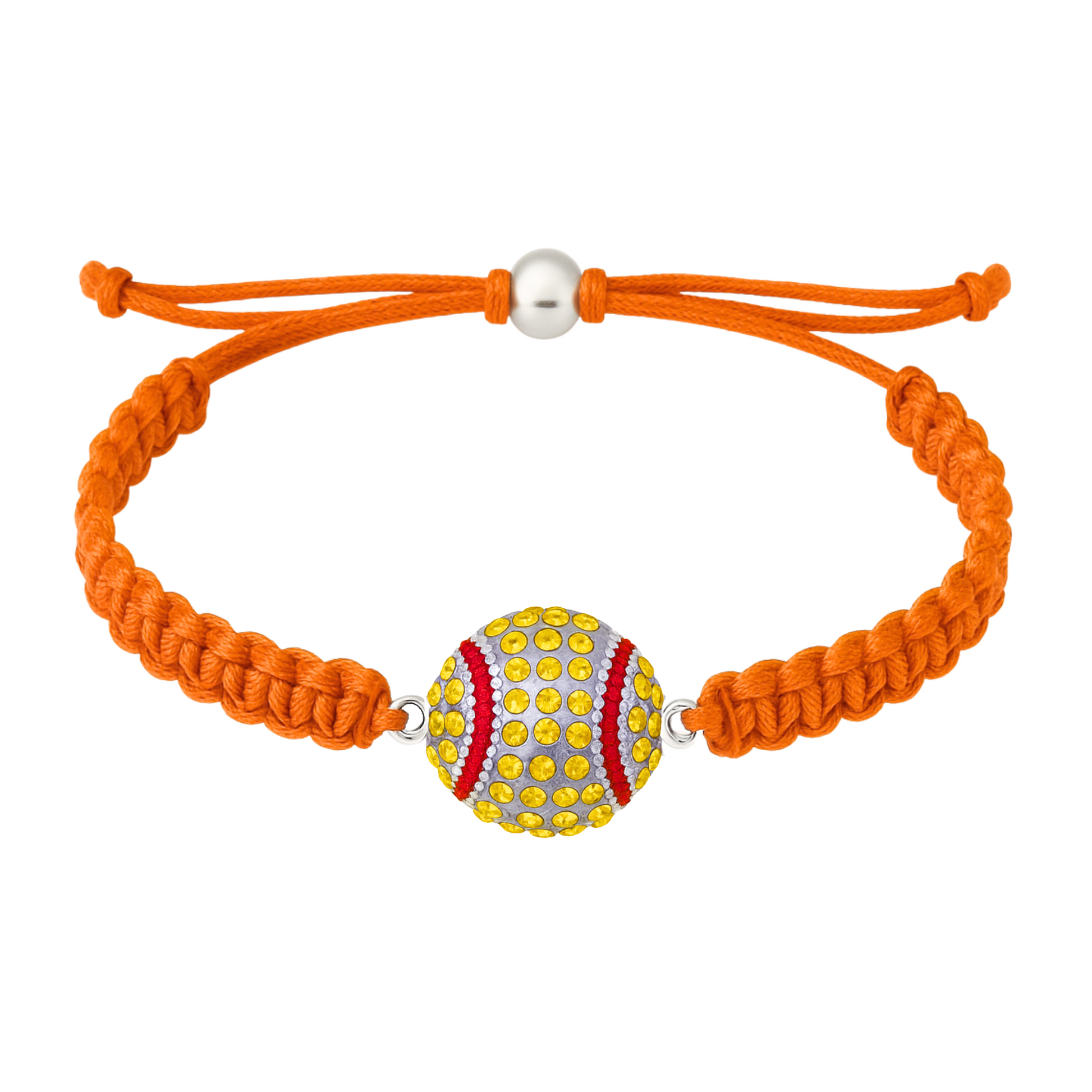 Orange rope bracelet with bright rhinestone softball charm, adjustable from 5" to 8"