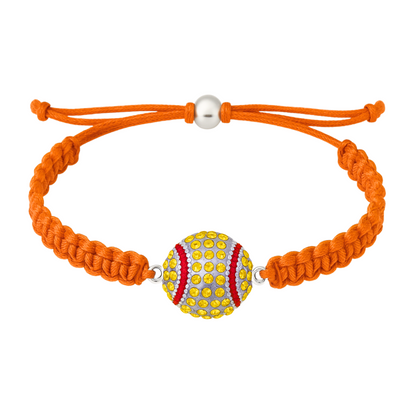 Orange rope bracelet with bright rhinestone softball charm, adjustable from 5" to 8"