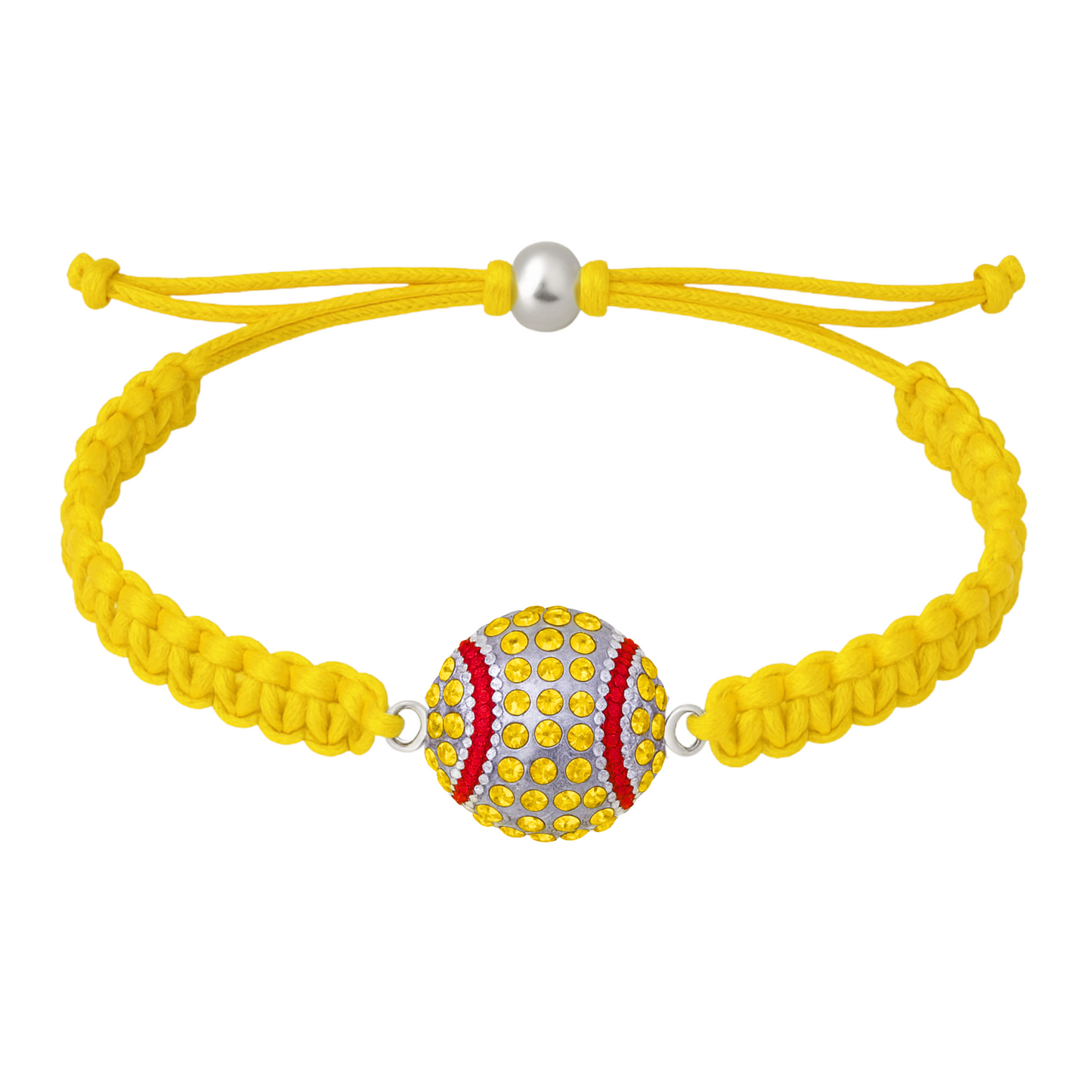 Yellow braided softball bracelet featuring sparkling yellow rhinestone centerpiece.