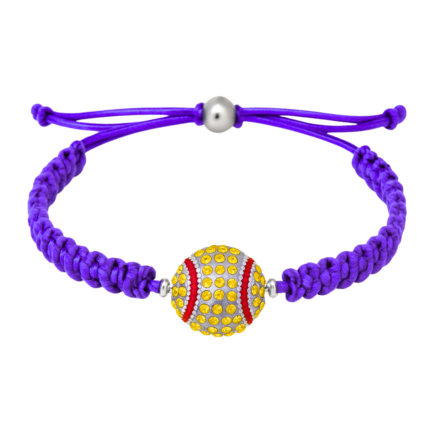 Purple softball bracelet with vibrant yellow rhinestone charm and durable braid