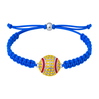 blue rope bracelet featuring glittery softball charm and silver accent bead