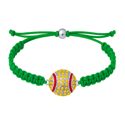 Green adjustable bracelet with softball rhinestone centerpiece for players and fans