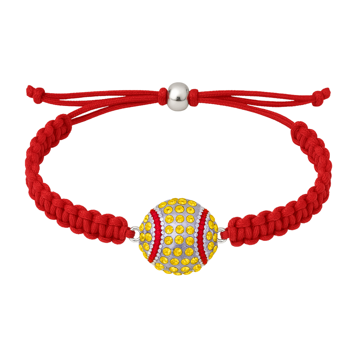 Red braided rope bracelet with rhinestone-accented softball charm.