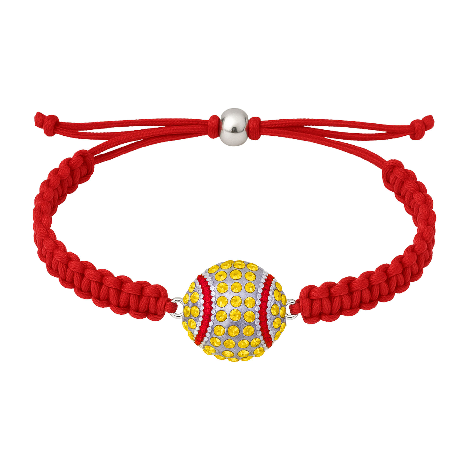 Red braided rope bracelet with rhinestone-accented softball charm.