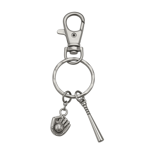 Silver-tone keychain with softball bat and glove charms on lobster clasp